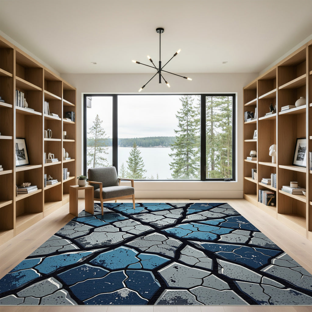 Fragmented Teal Gray Stone Surface Rug