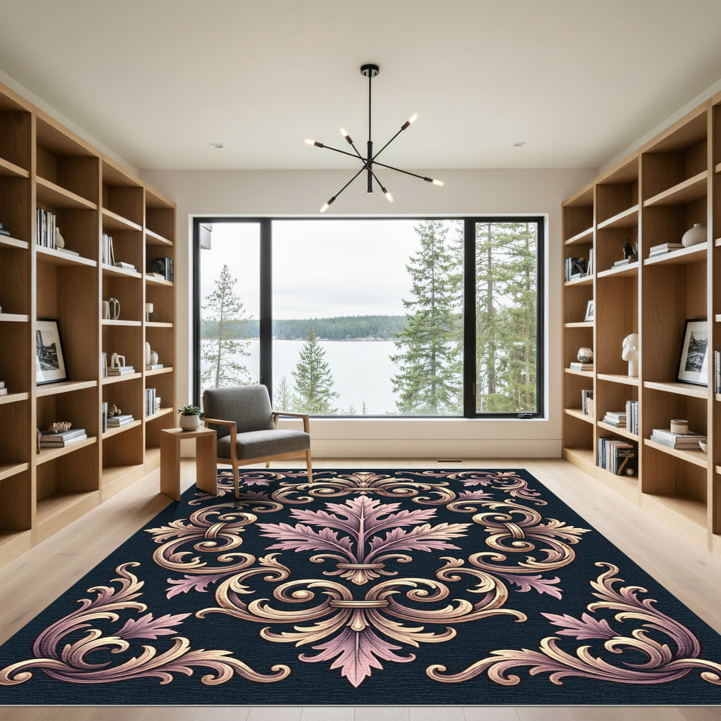 Ornate Pink and Gold Acanthus Swirl Rug