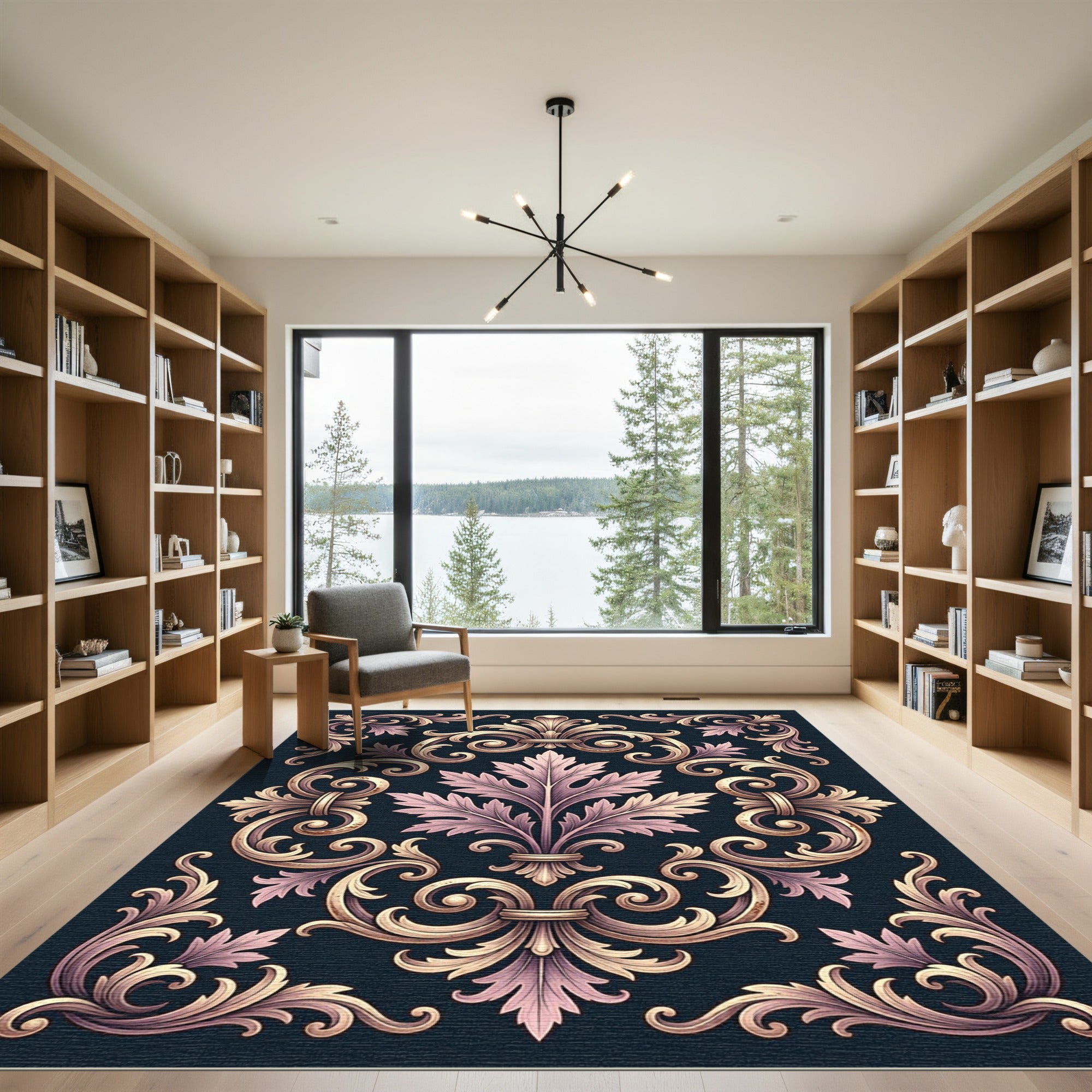 Ornate Pink and Gold Acanthus Swirl Rug