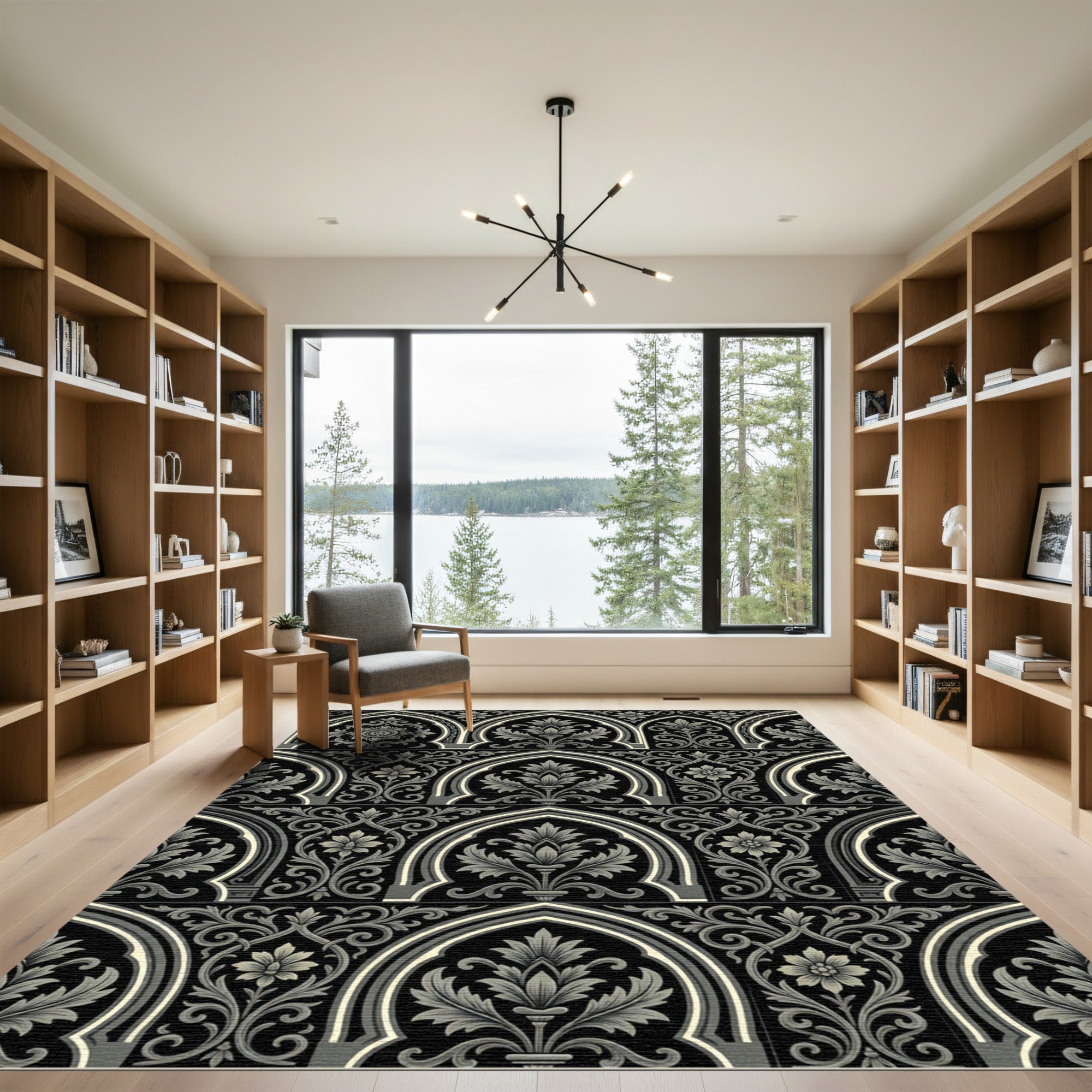 Black and Gray Arch Floral Scroll Rug