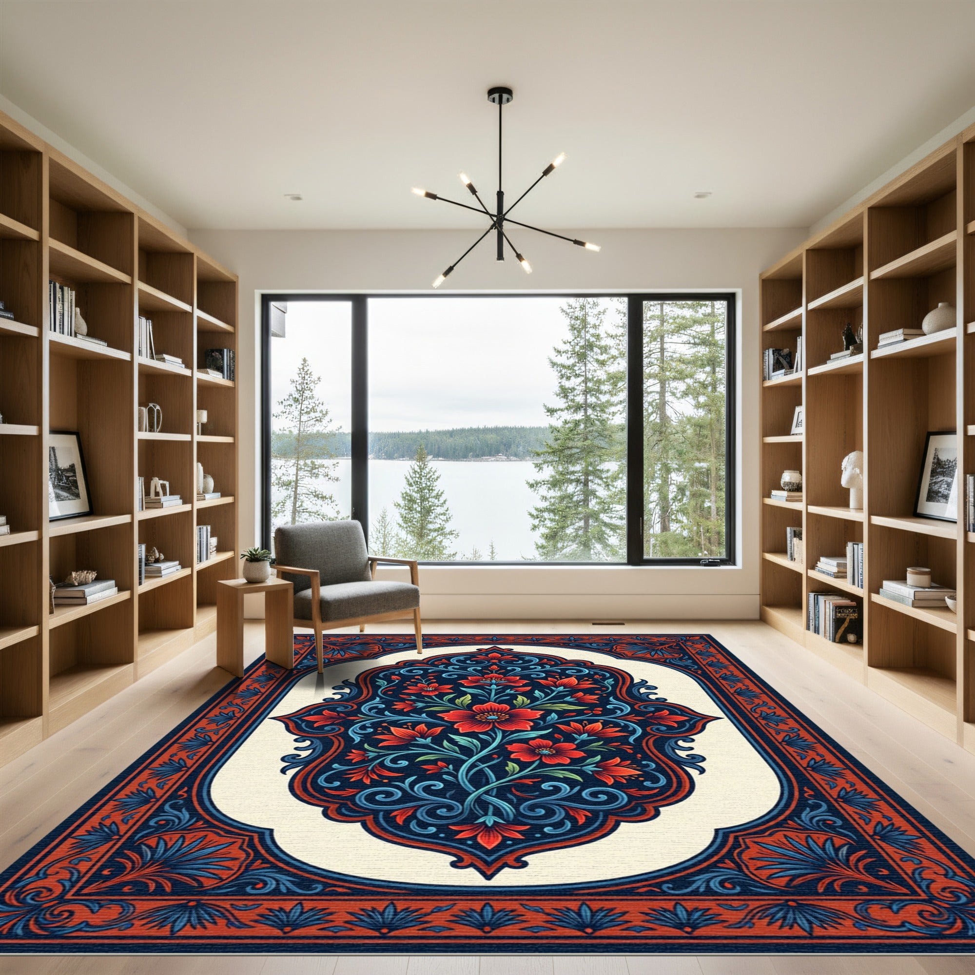 Crimson Red Blue Floral Medallion Rug