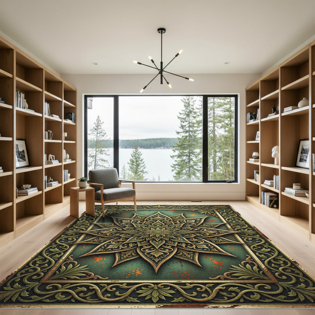 Ornate Emerald Floral Medallion Rug