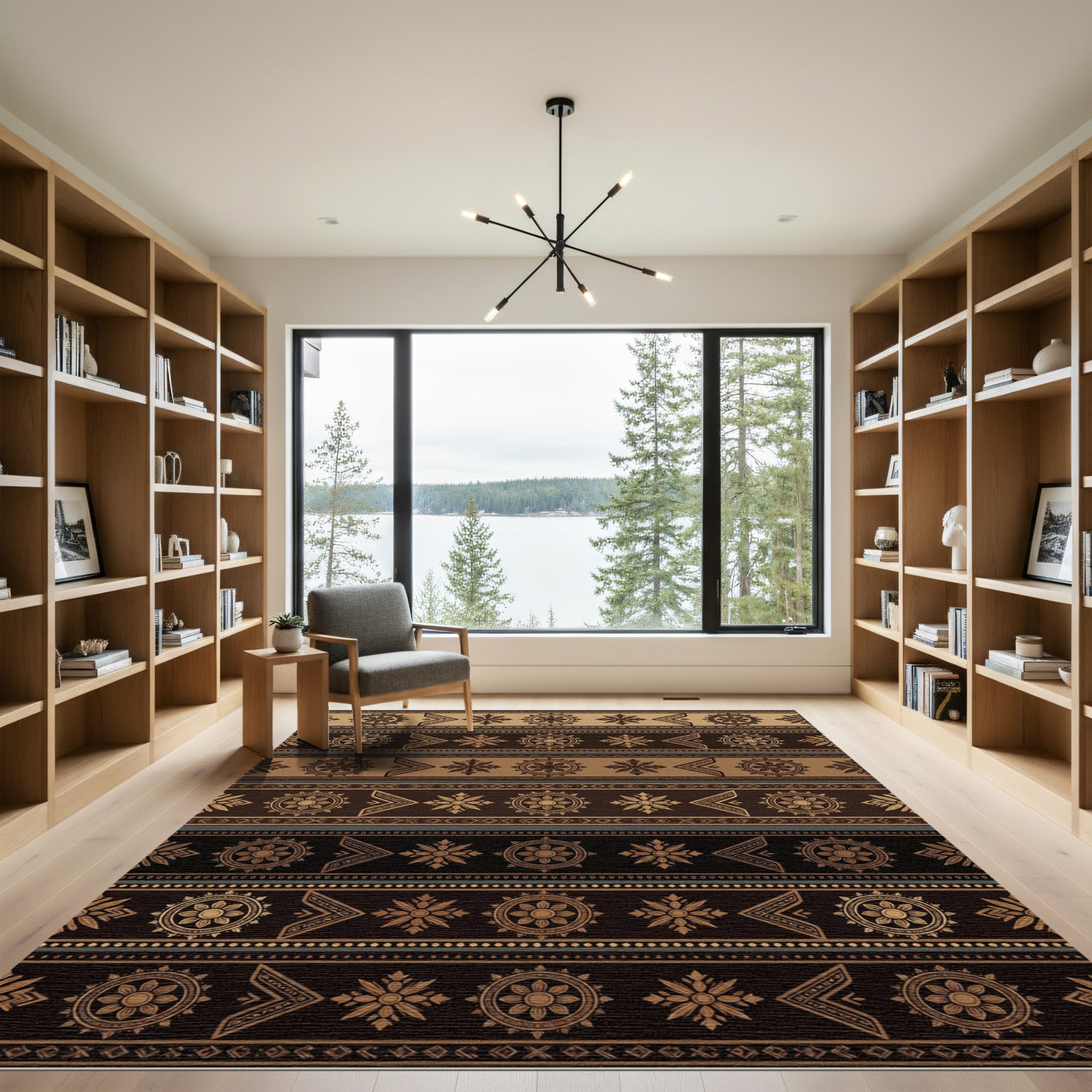 Golden Brown Geometric Floral Bands Rug