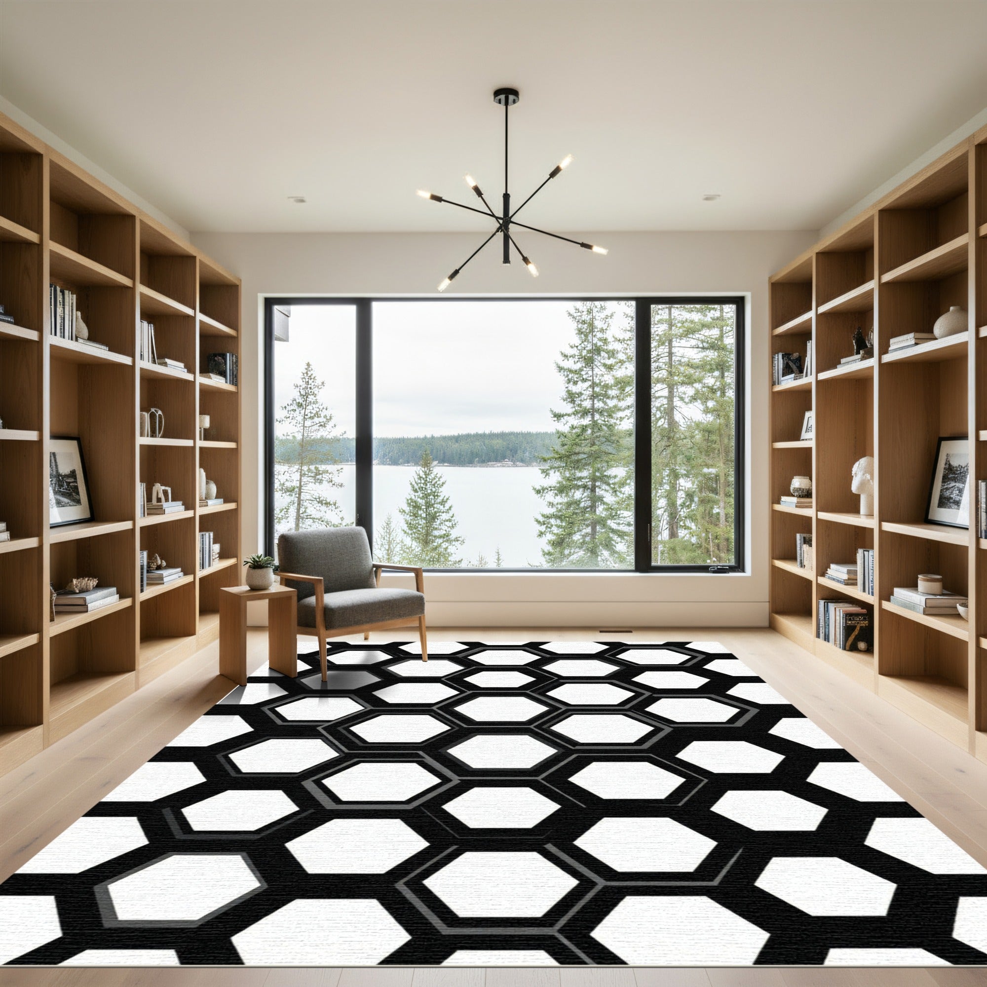 Modern Black and White Hexagon Grid Rug