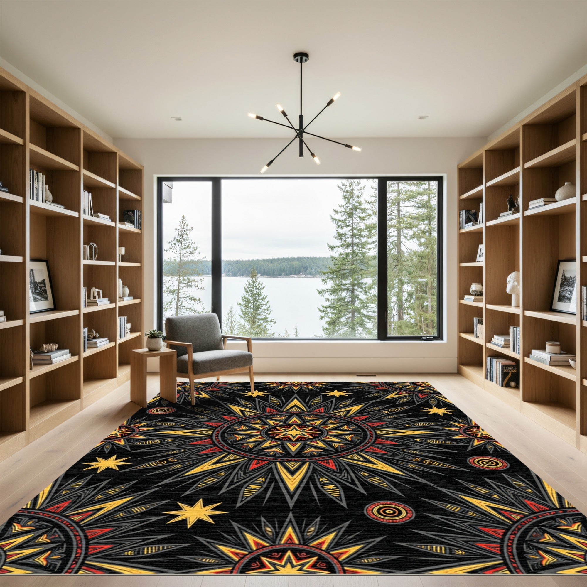 Radiant Black Yellow Red Sunburst Rug