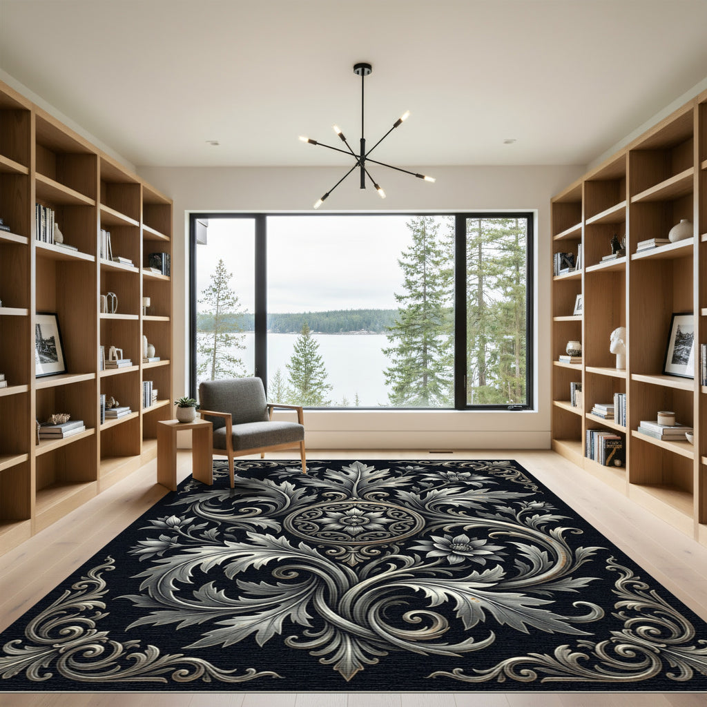 Elegant Silver Monochrome Floral Medallion Rug
