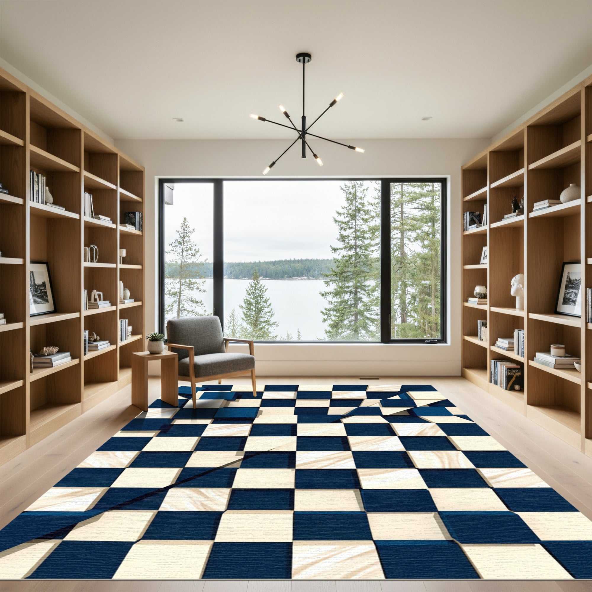 Deep Blue White Checkerboard Illusion Rug
