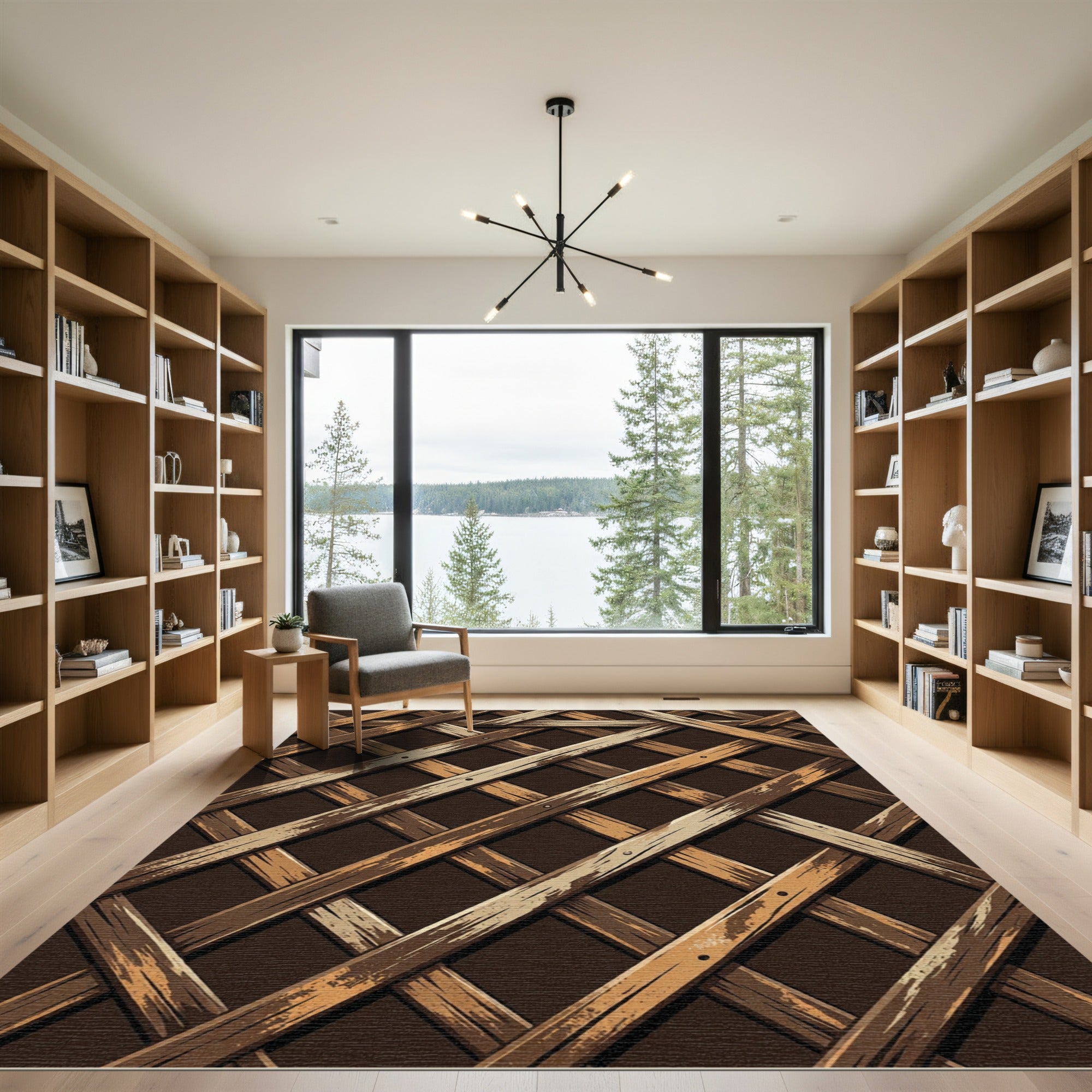 Rustic Wood Lattice Geometric Grid Rug