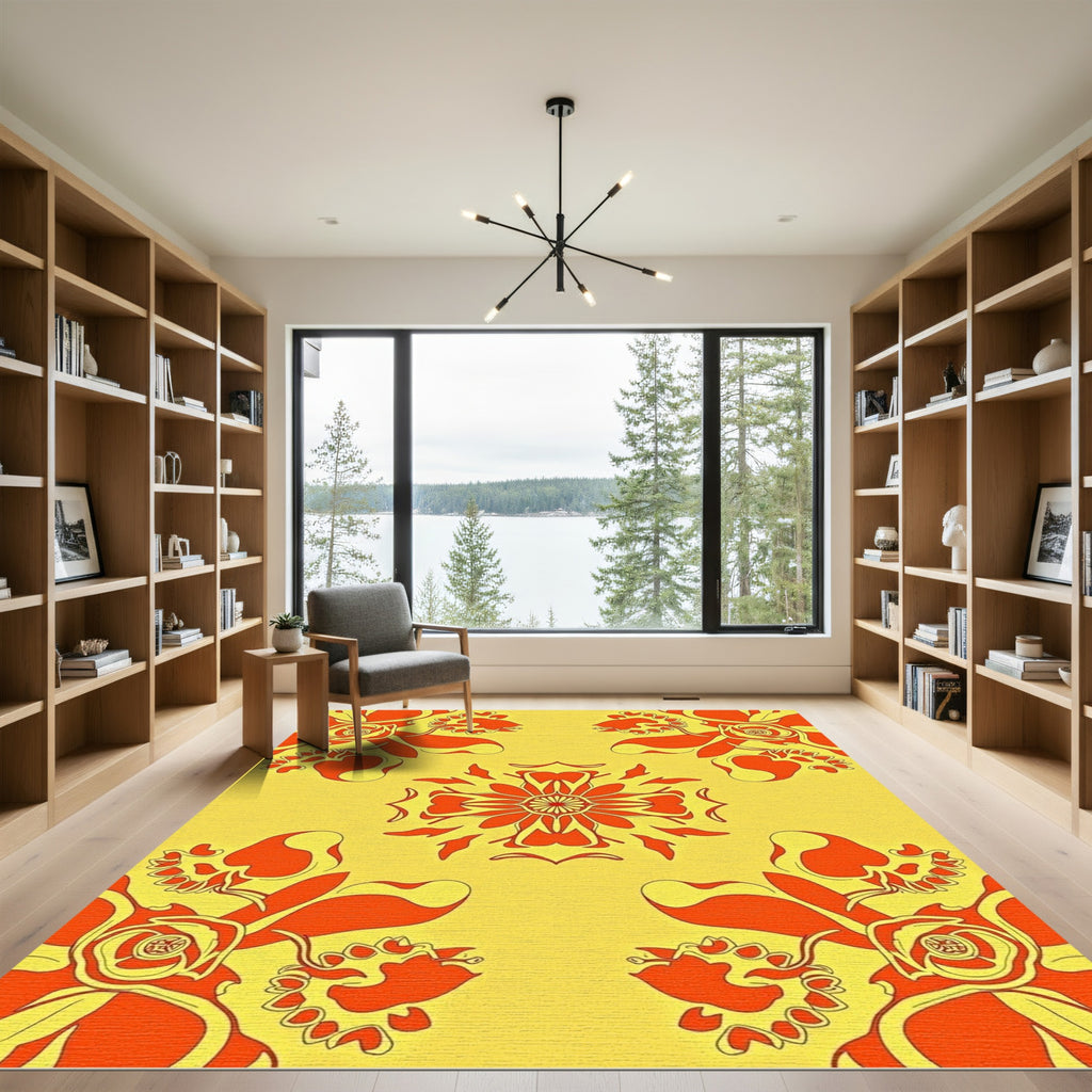 Vibrant Orange Floral Mandala Rug
