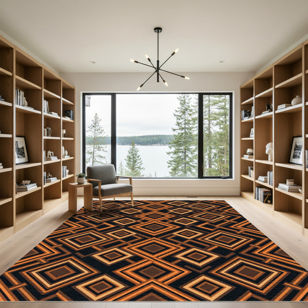 Earthy Brown Geometric Diamond Layering Rug