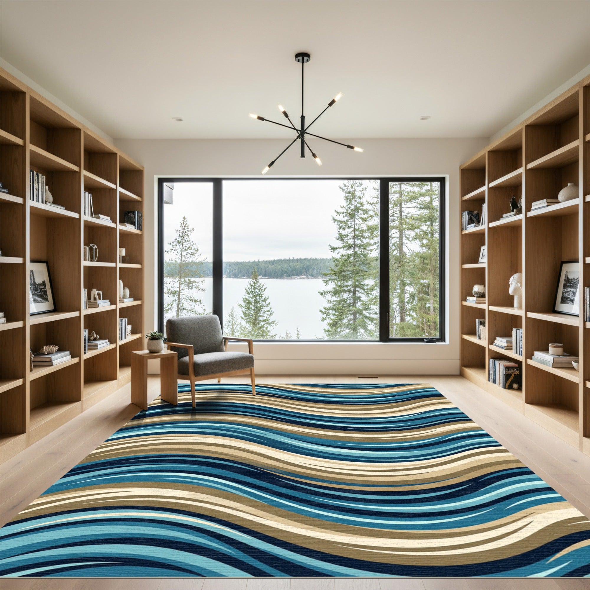 Abstract Navy Blue Golden Swirl Rug