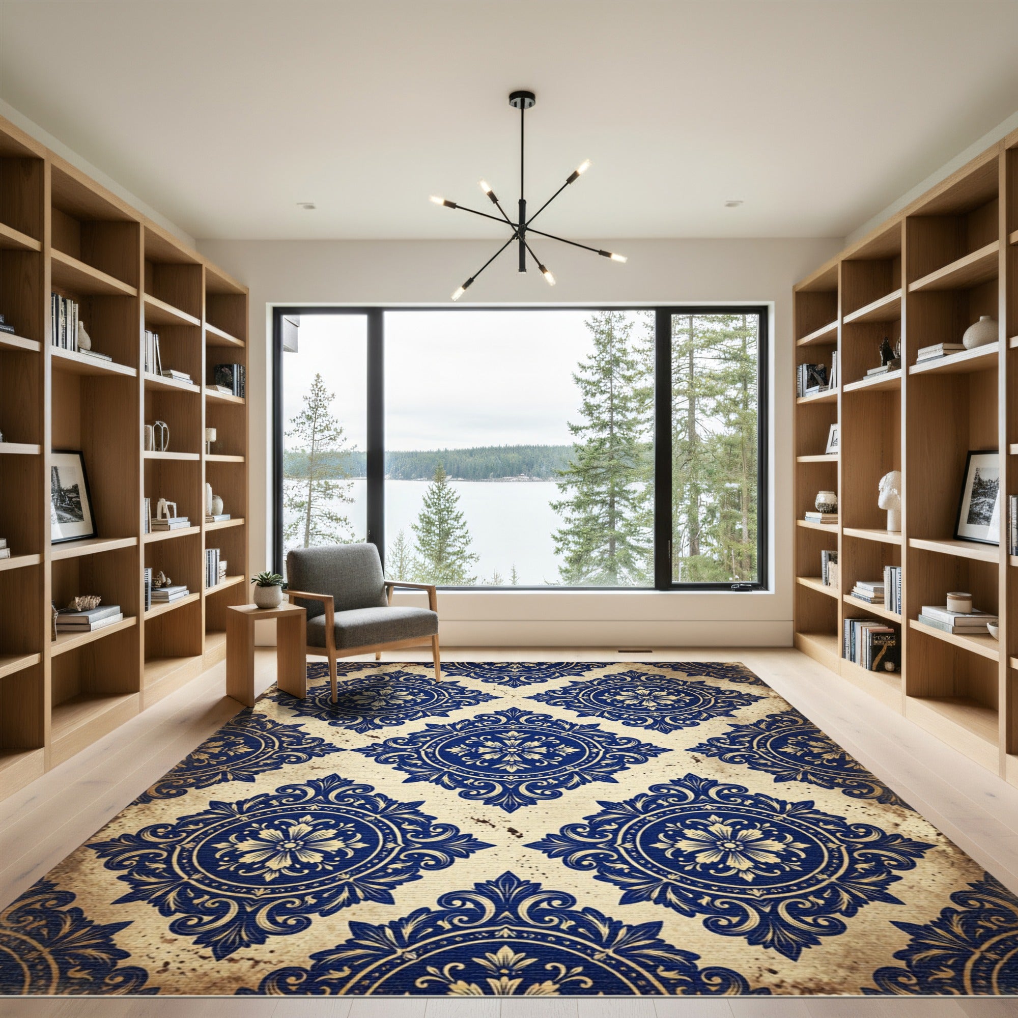 Elegant Navy and Cream Ornate Medallion Rug