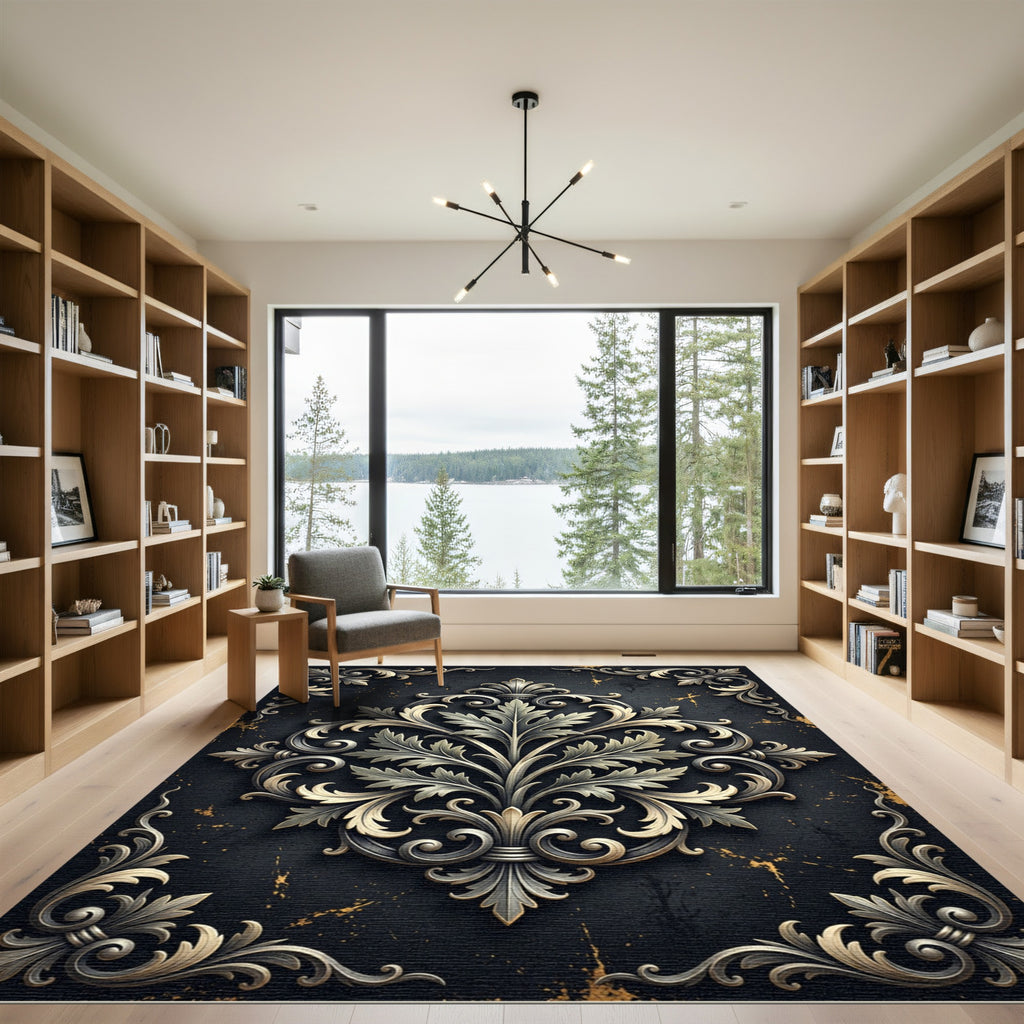 Elegant Gold Foliage Ornate Damask Rug