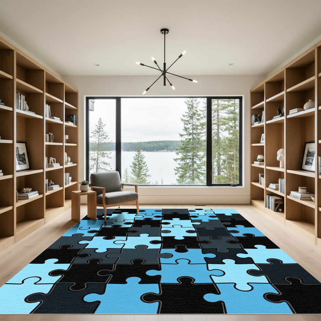 Modern Blue and Black Interlocking Puzzle Rug