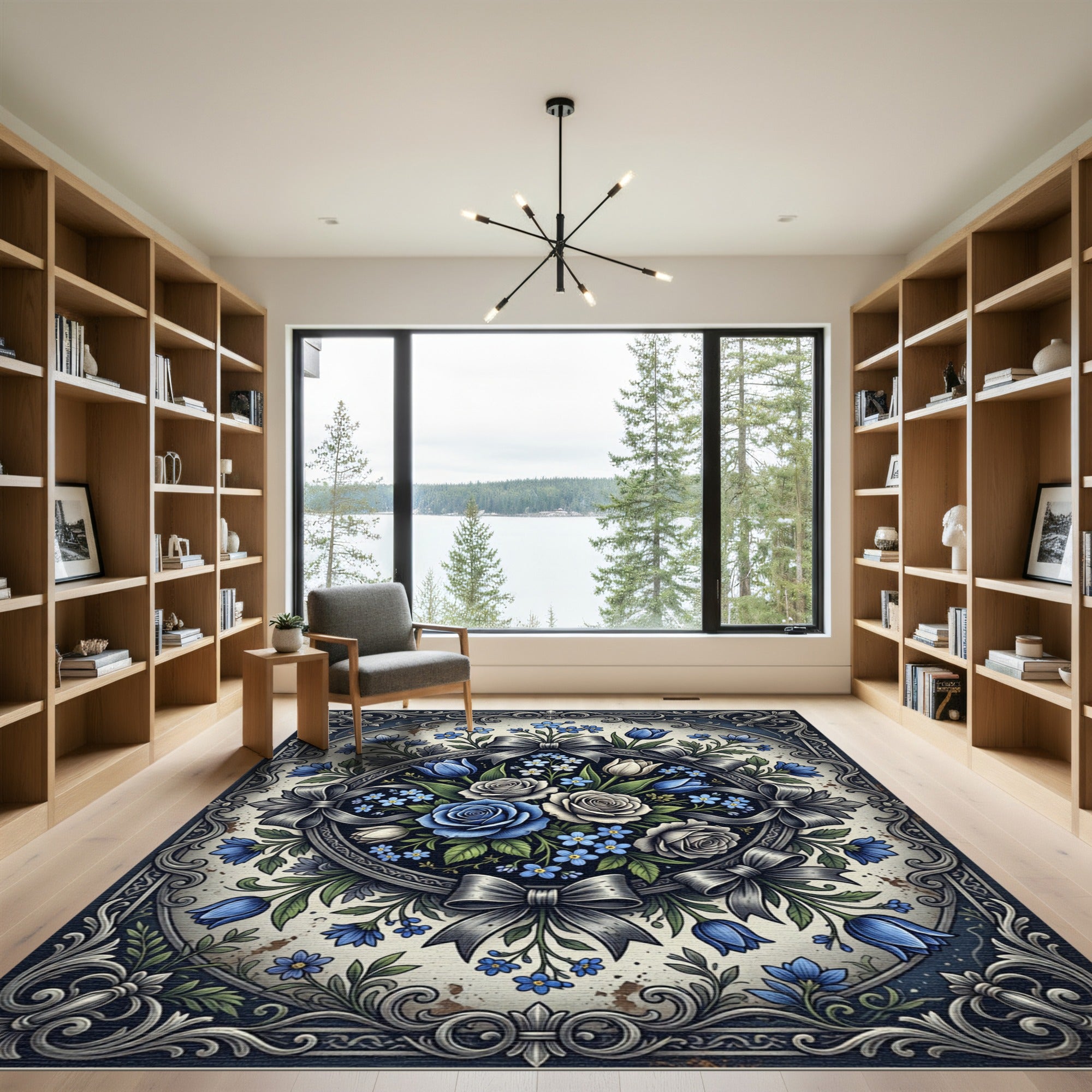 Elegant Blue Rose Floral Medallion Rug