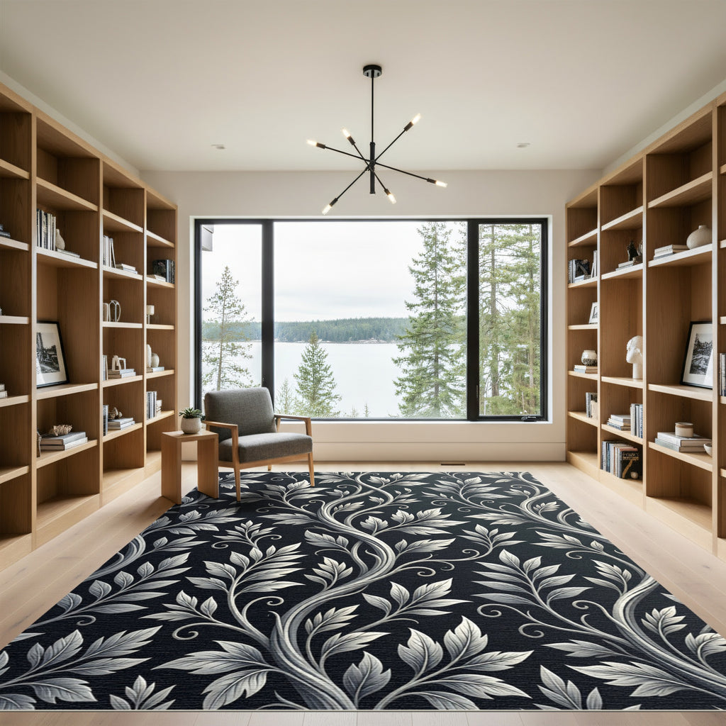 Elegant Black White Leaf Vine Rug