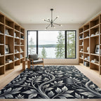 Elegant Black White Leaf Vine Rug