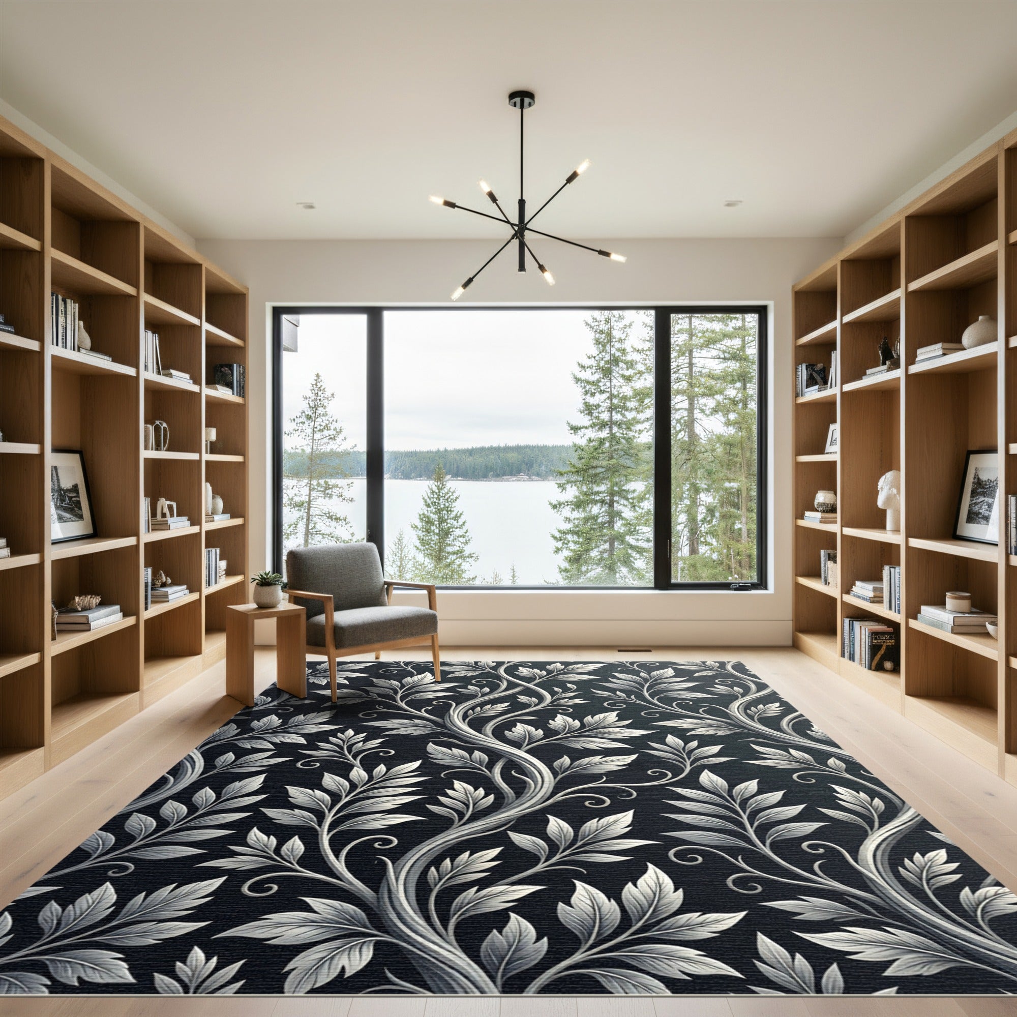 Elegant Black White Leaf Vine Rug