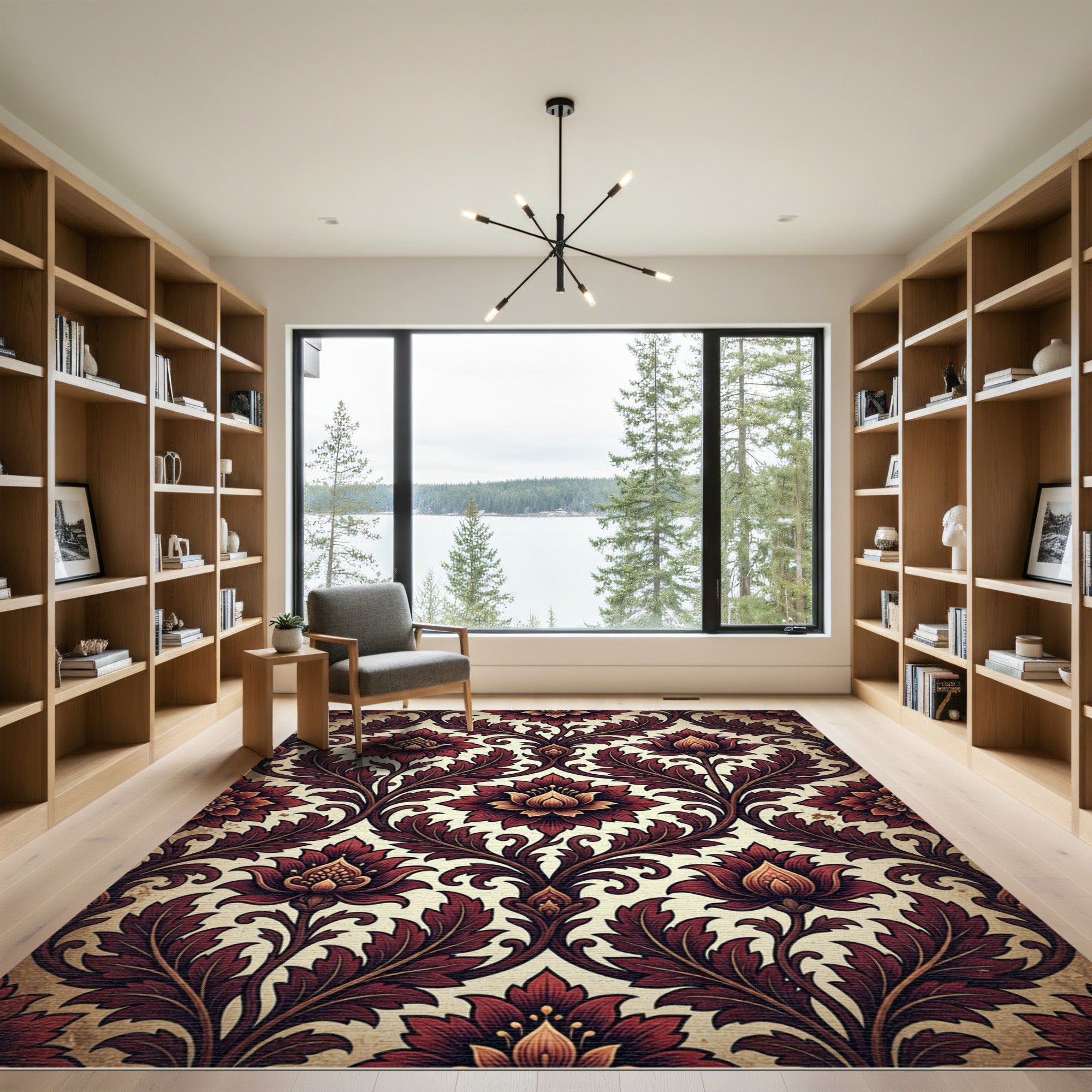 Elegant Burgundy Floral Damask Scroll Rug