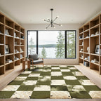 Distressed Olive Green Checkered Grid Rug