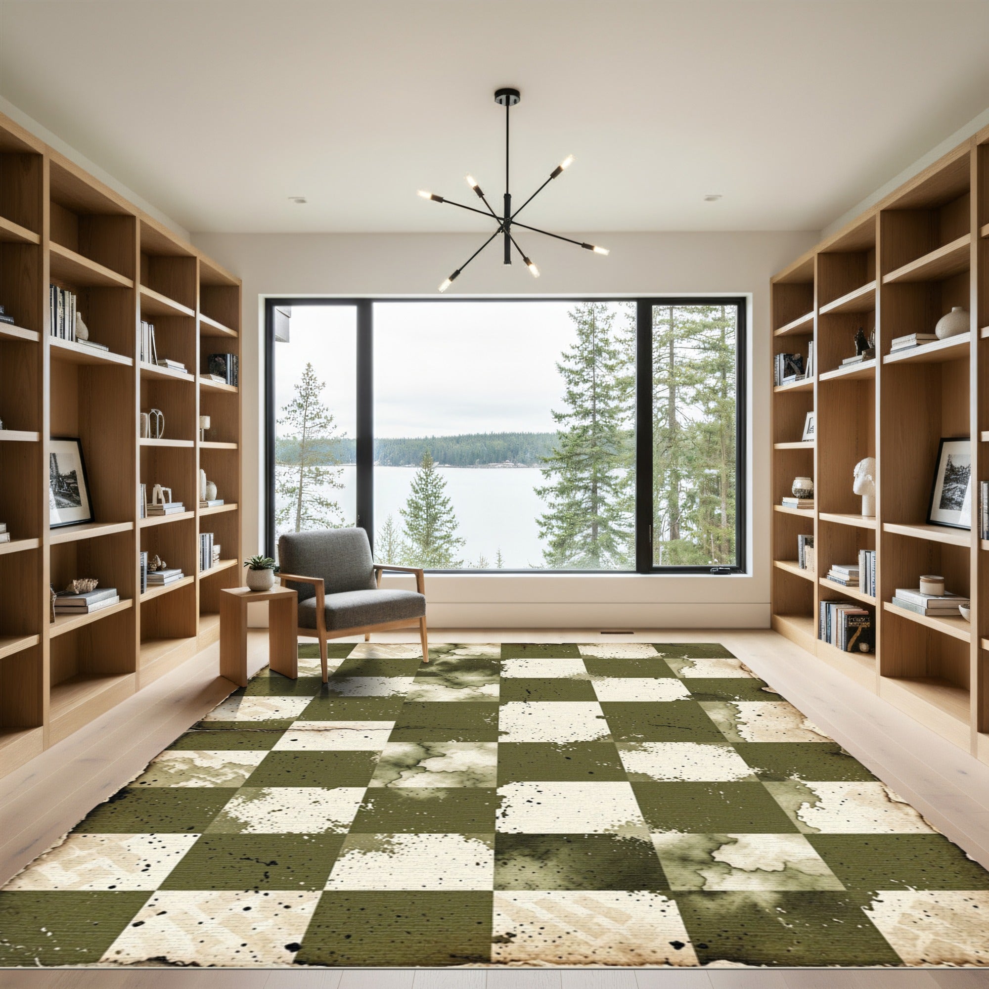 Distressed Olive Green Checkered Grid Rug