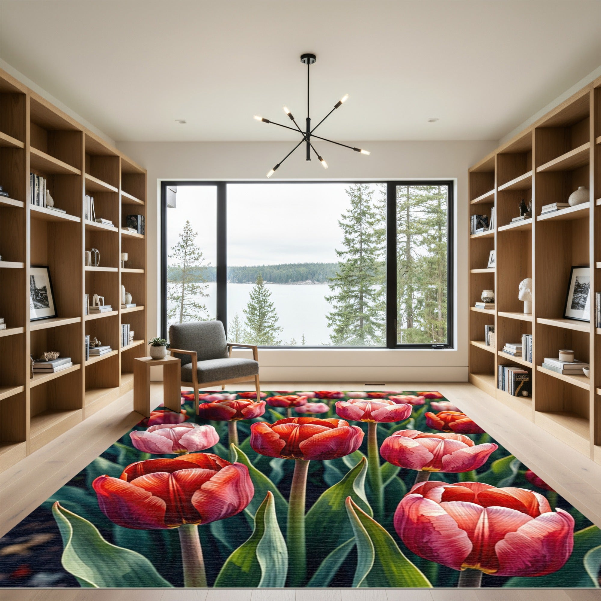 Red Pink Tulip Garden Floral Vibrant Rug
