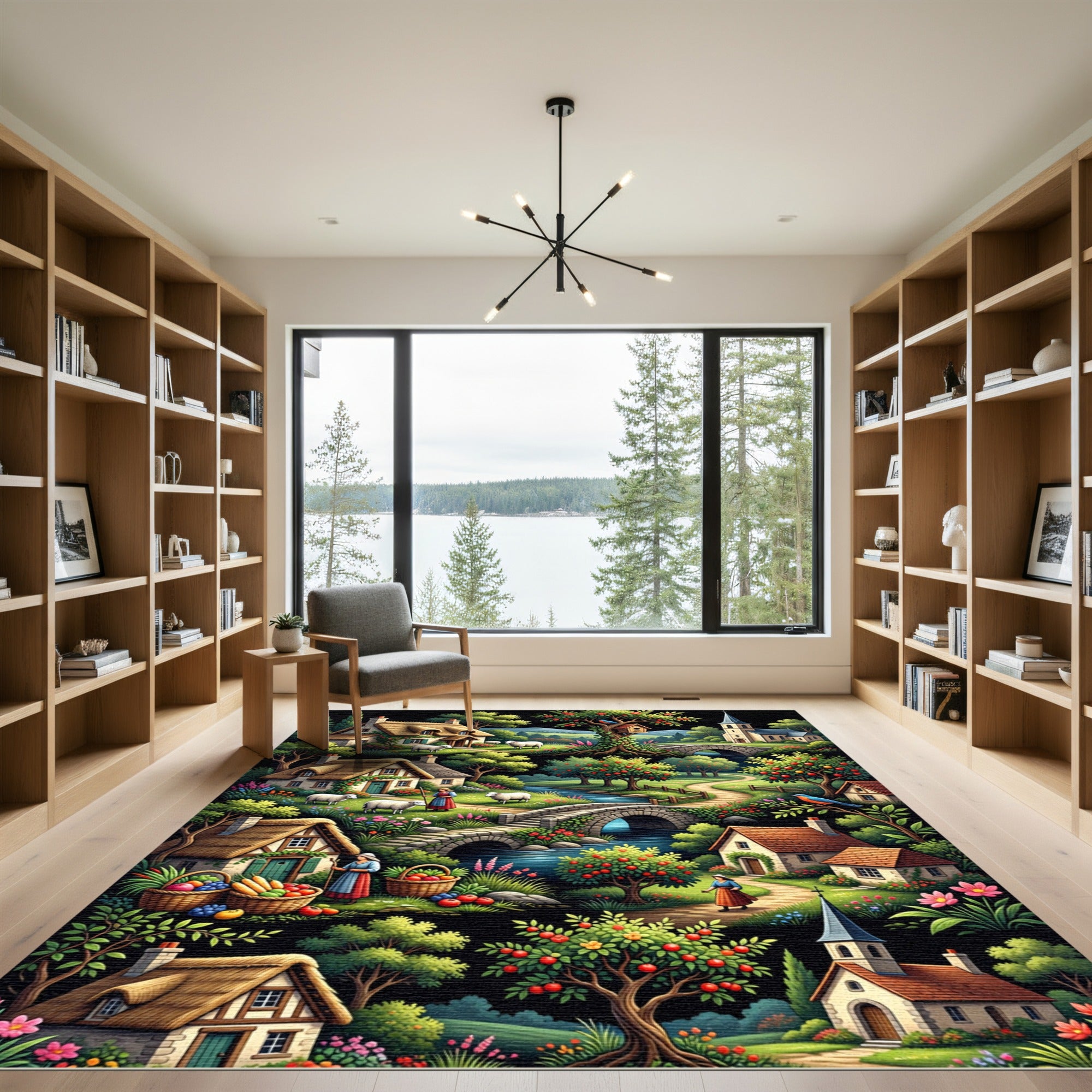 Whimsical Village Garden Fruit Trees Rug
