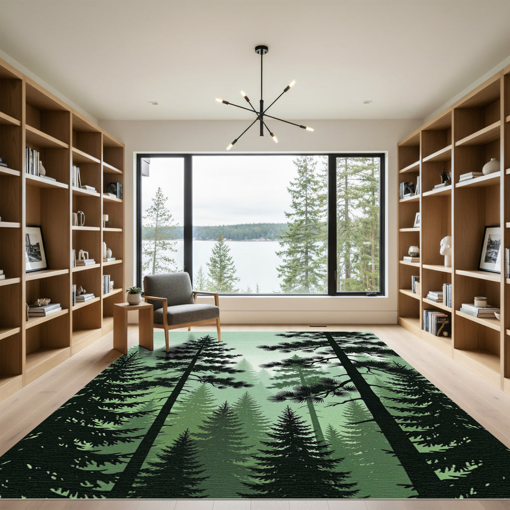 Misty Evergreen Forest Silhouette Woods Rug