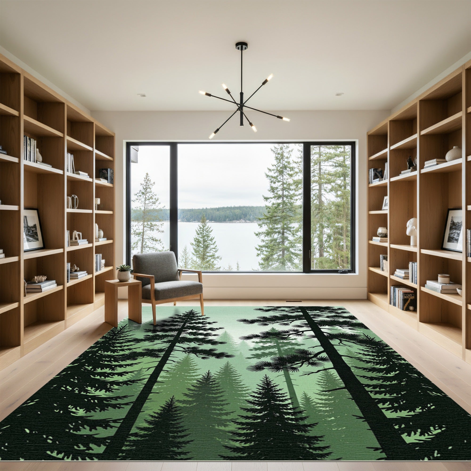 Misty Evergreen Forest Silhouette Woods Rug