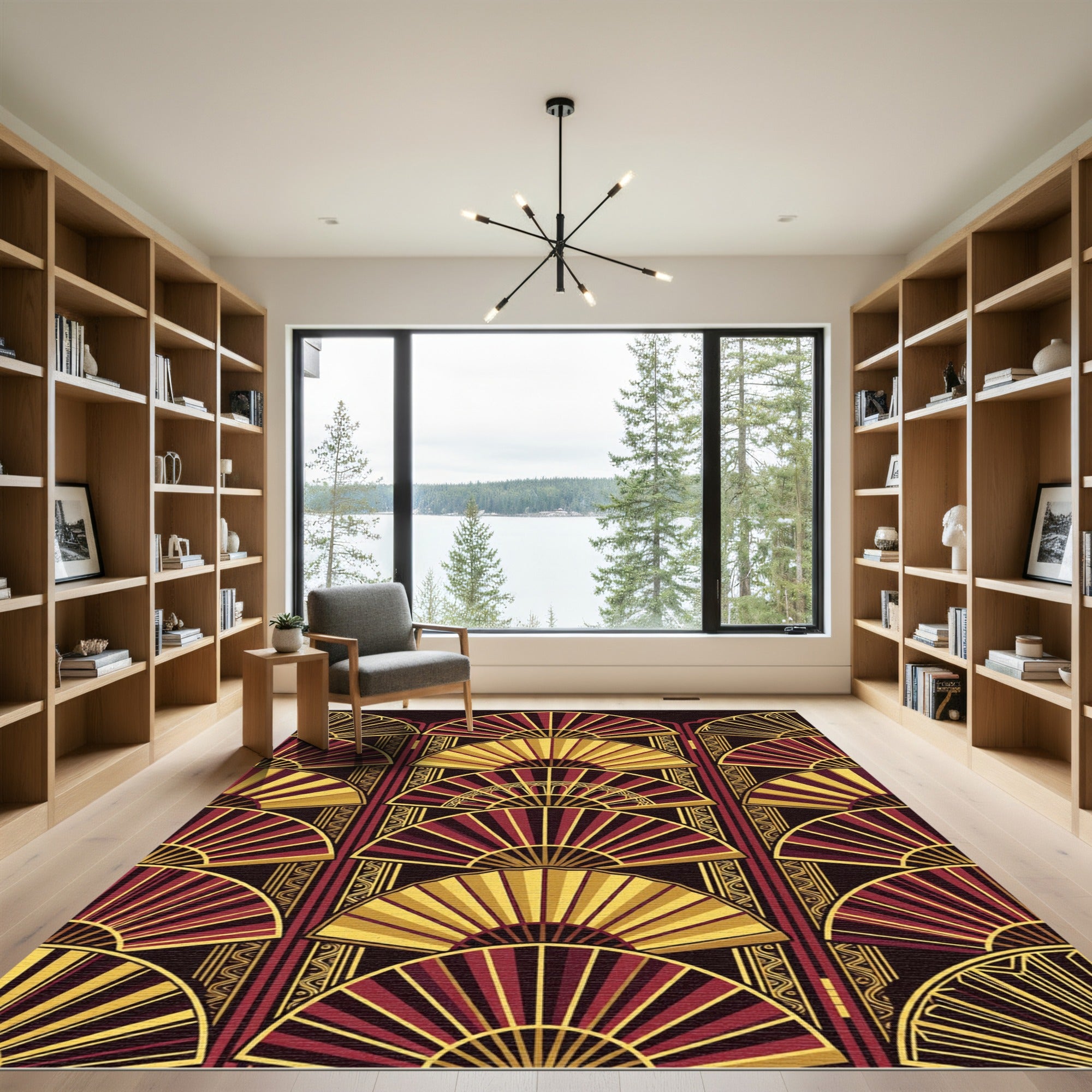 Art Deco Crimson Gold Fan Assemblage Rug