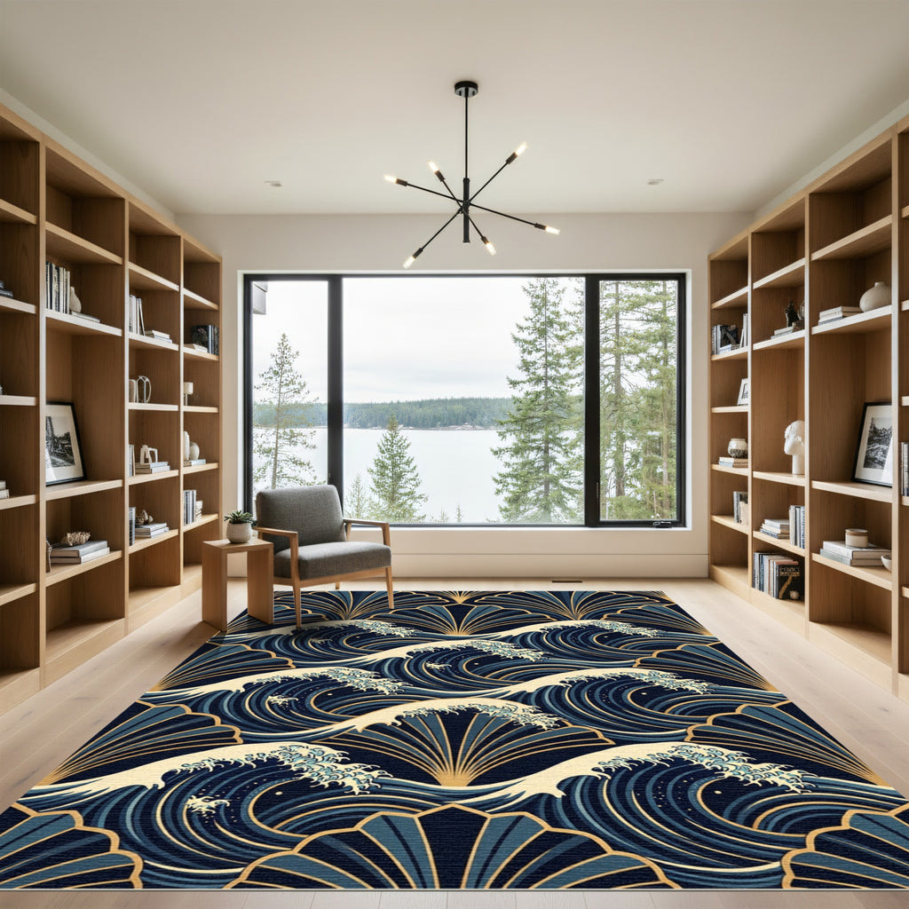 Art Deco Navy Gold Wave Fan Rug