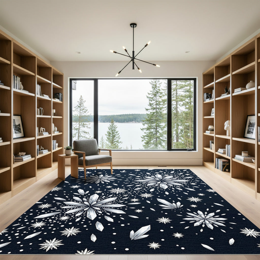 Midnight Silver Shimmering Crystal Snowflake Rug