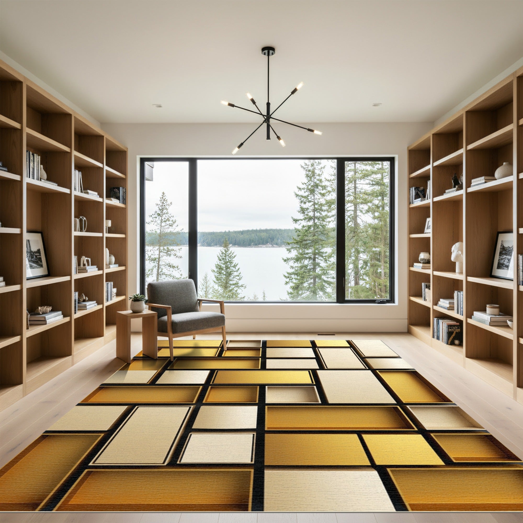 Geometric Gold and Cream Block Composition Rug