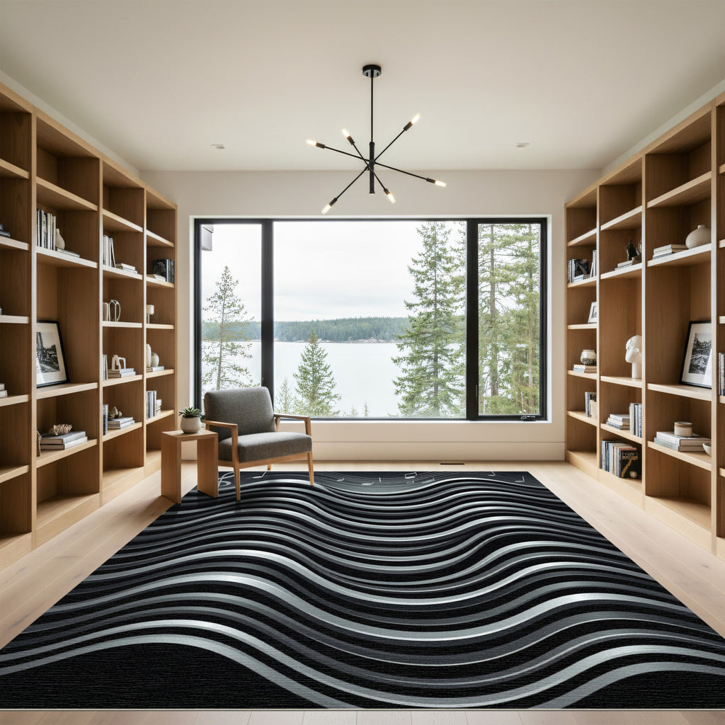Silver Black Wave Musical Notes Rug