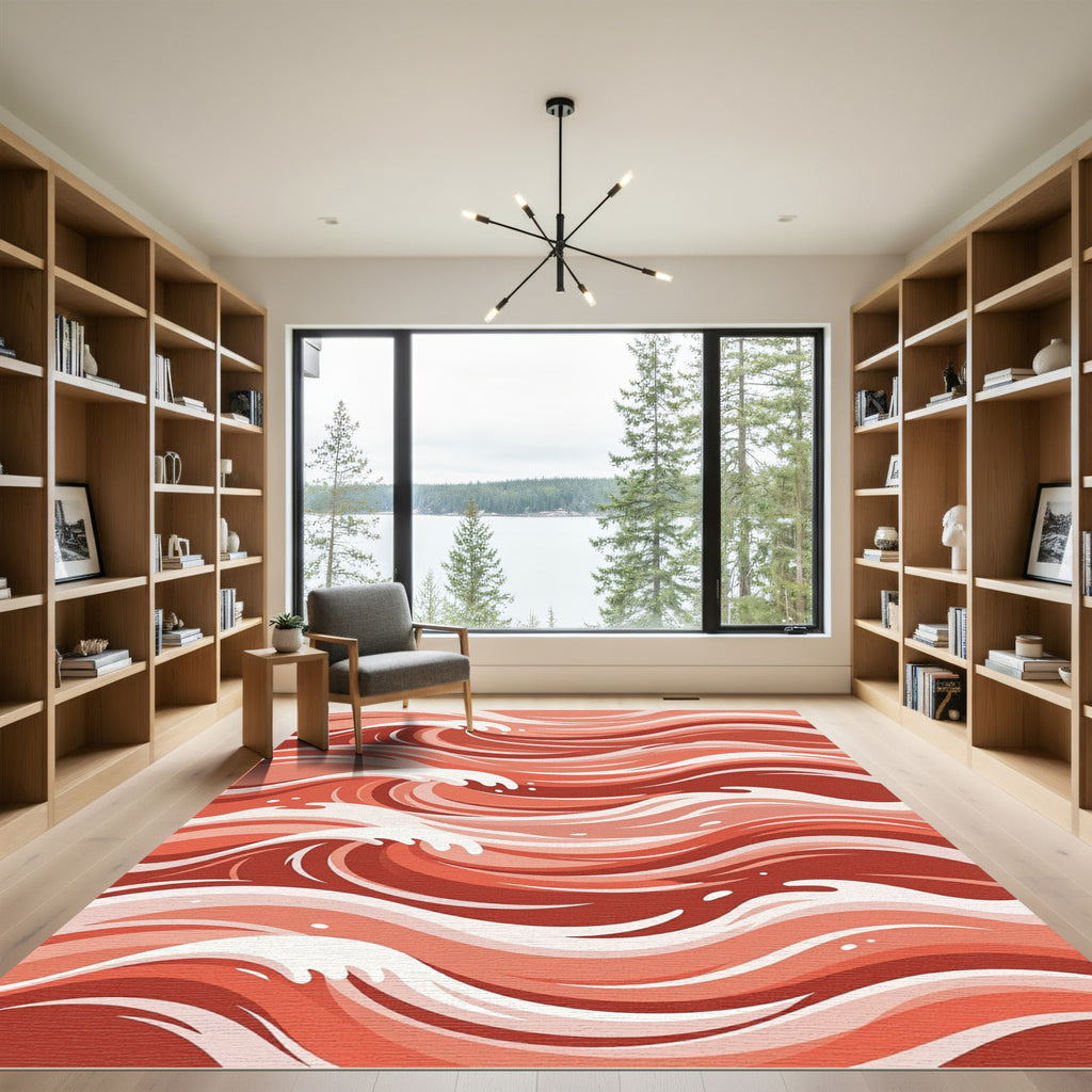 Coral Red Abstract Wave Composition Rug