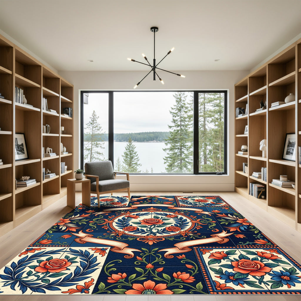 Vintage Navy Floral Rose Medallion Rug