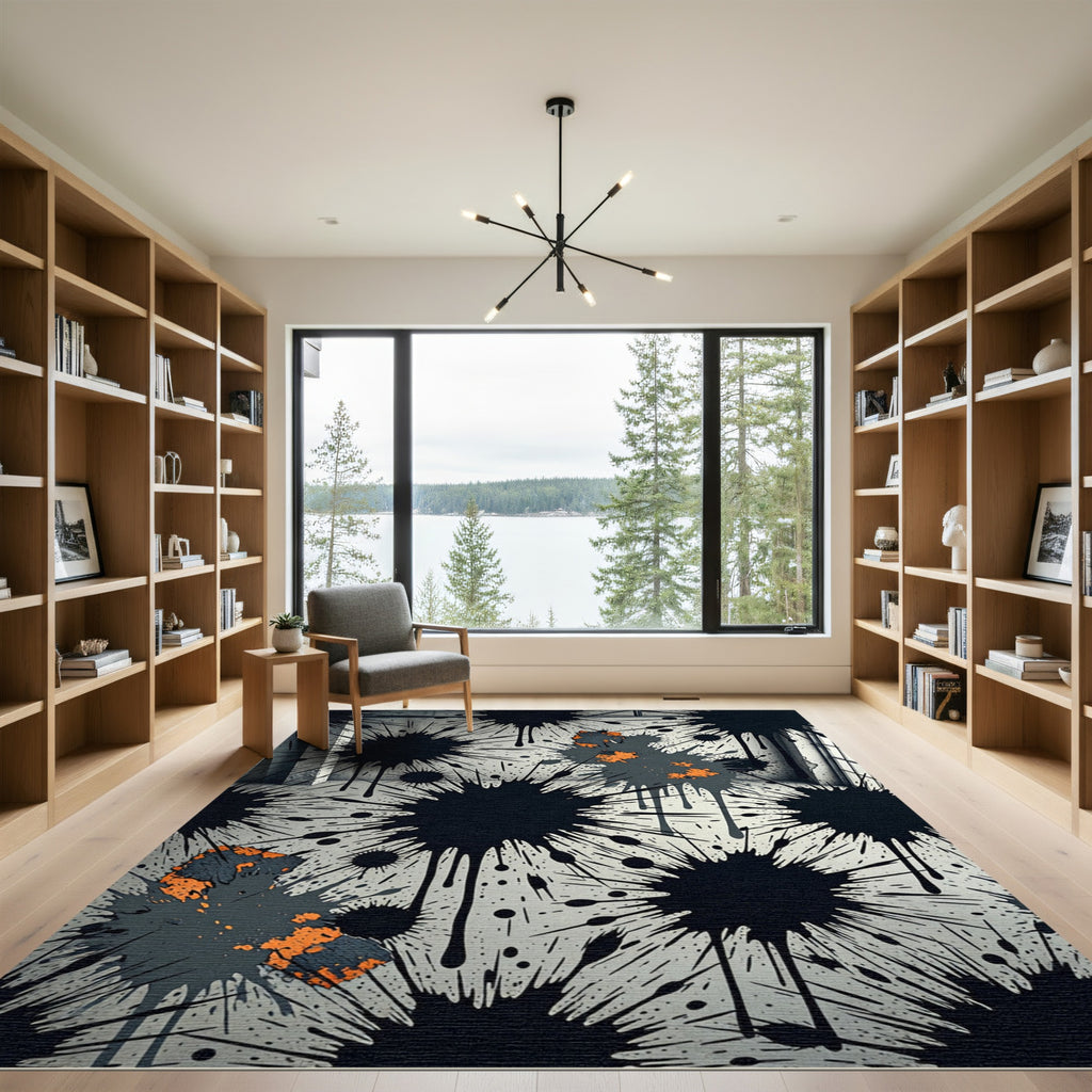 Monochrome Ink Splash with Burnt Orange Accents Rug