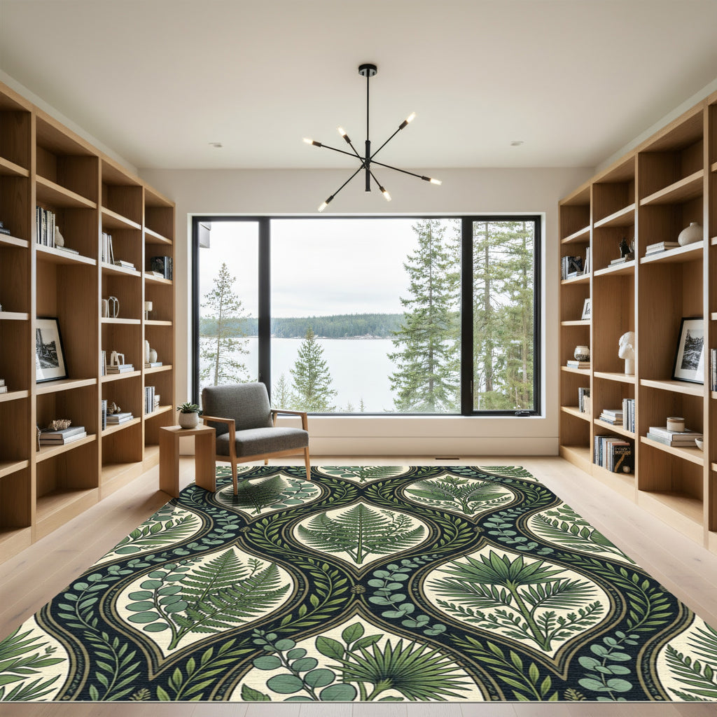 Lush Emerald Tropical Foliage Botanical Segment Rug
