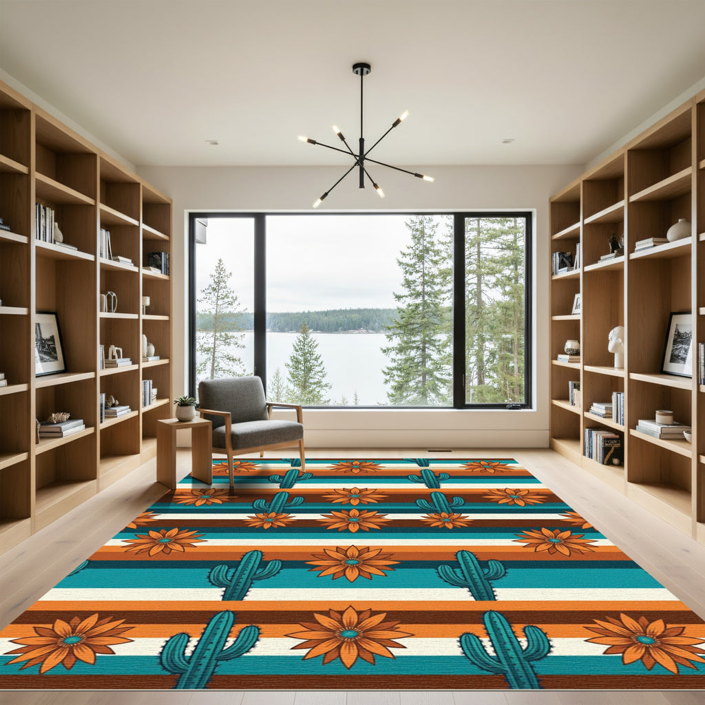 Teal Cactus Orange Flower Striped Rug