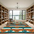 Teal Cactus Orange Flower Striped Rug