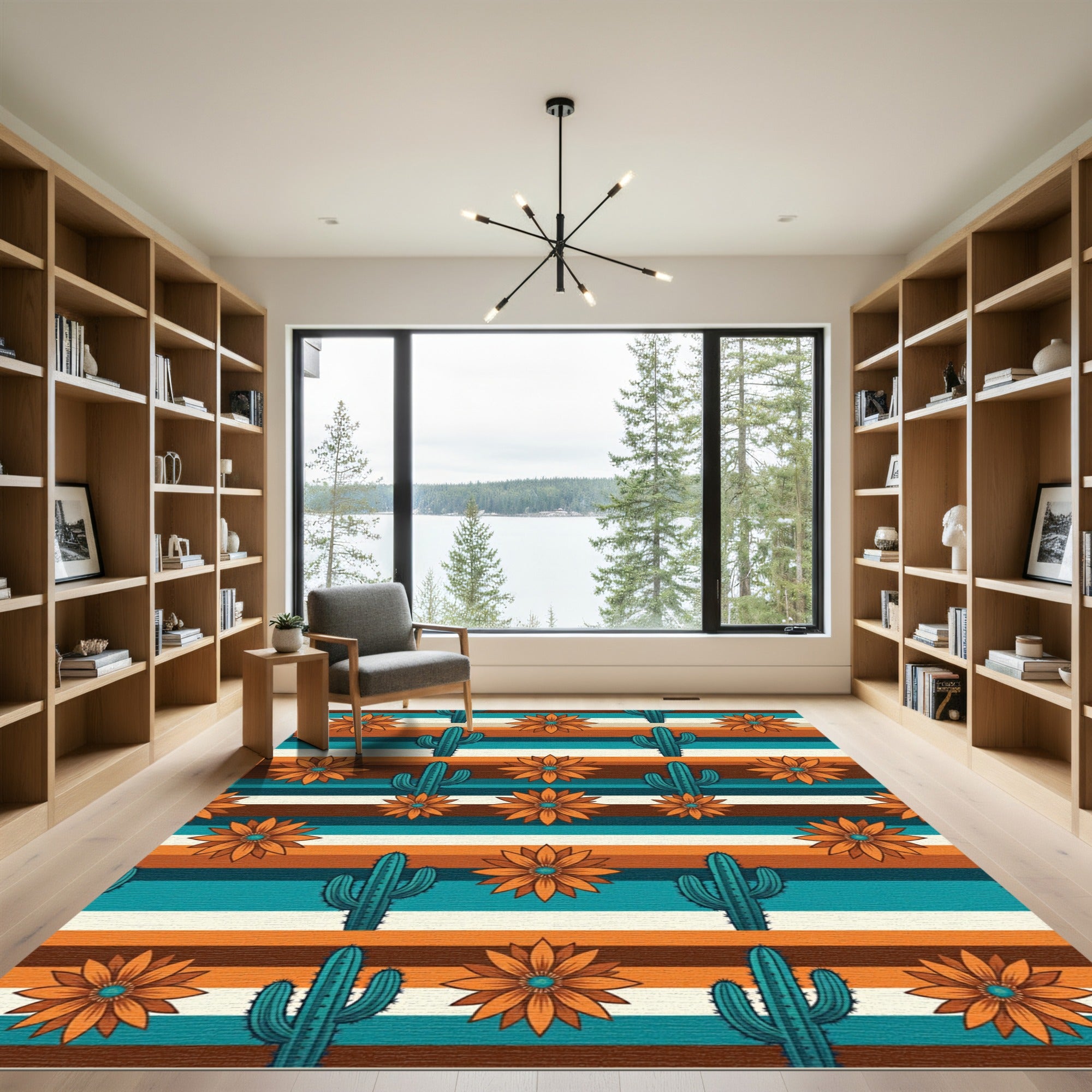 Teal Cactus Orange Flower Striped Rug