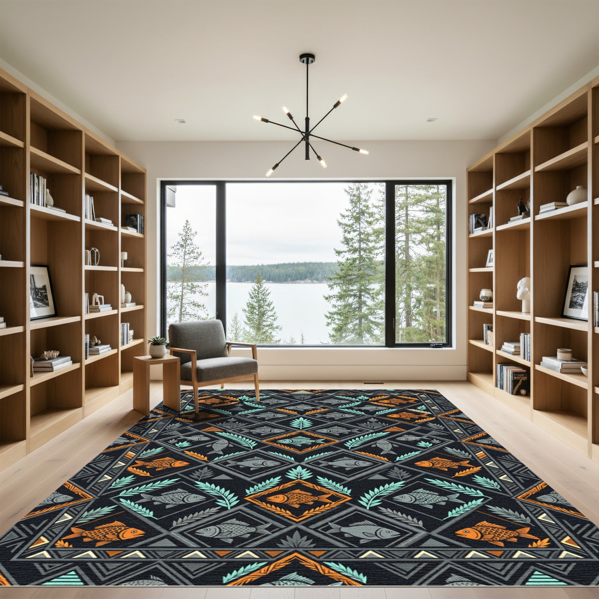 Navajo Inspired Orange Gray Fish Foulard Rug
