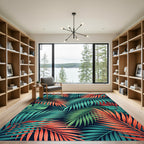 Vibrant Tropical Teal and Orange Foliage Rug