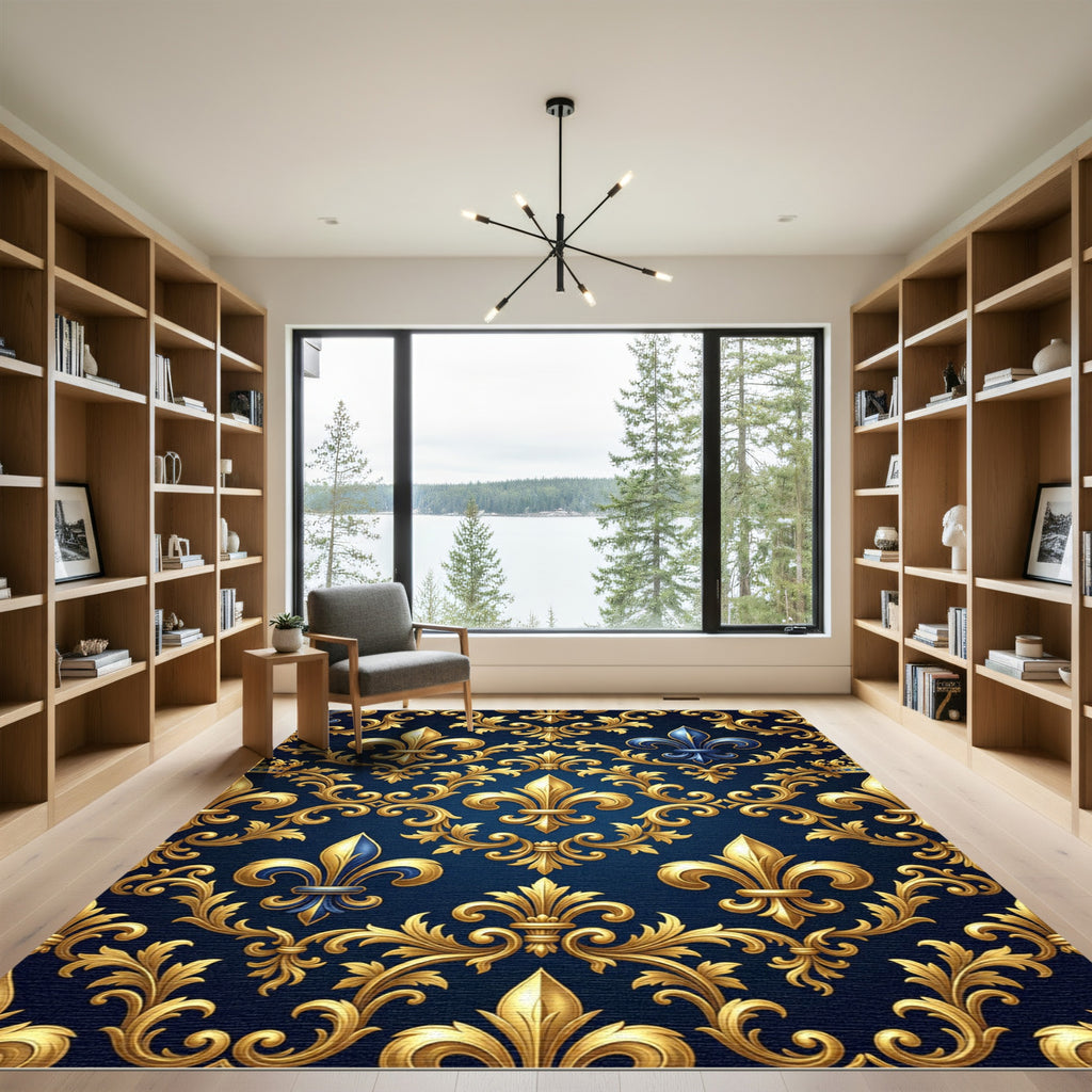 Royal Golden Fleur de Lis Navy Rug