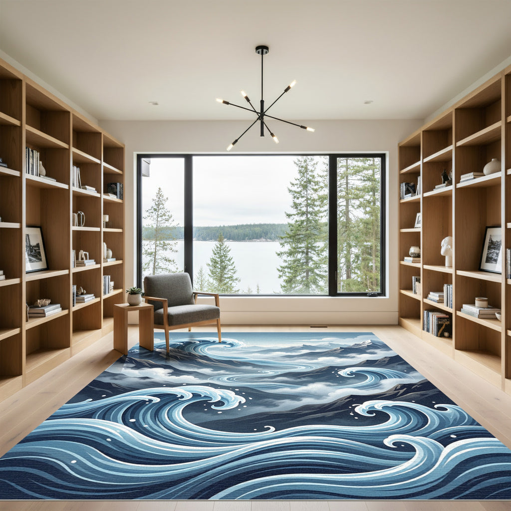 Azure Ocean Mountain Wave Art Rug