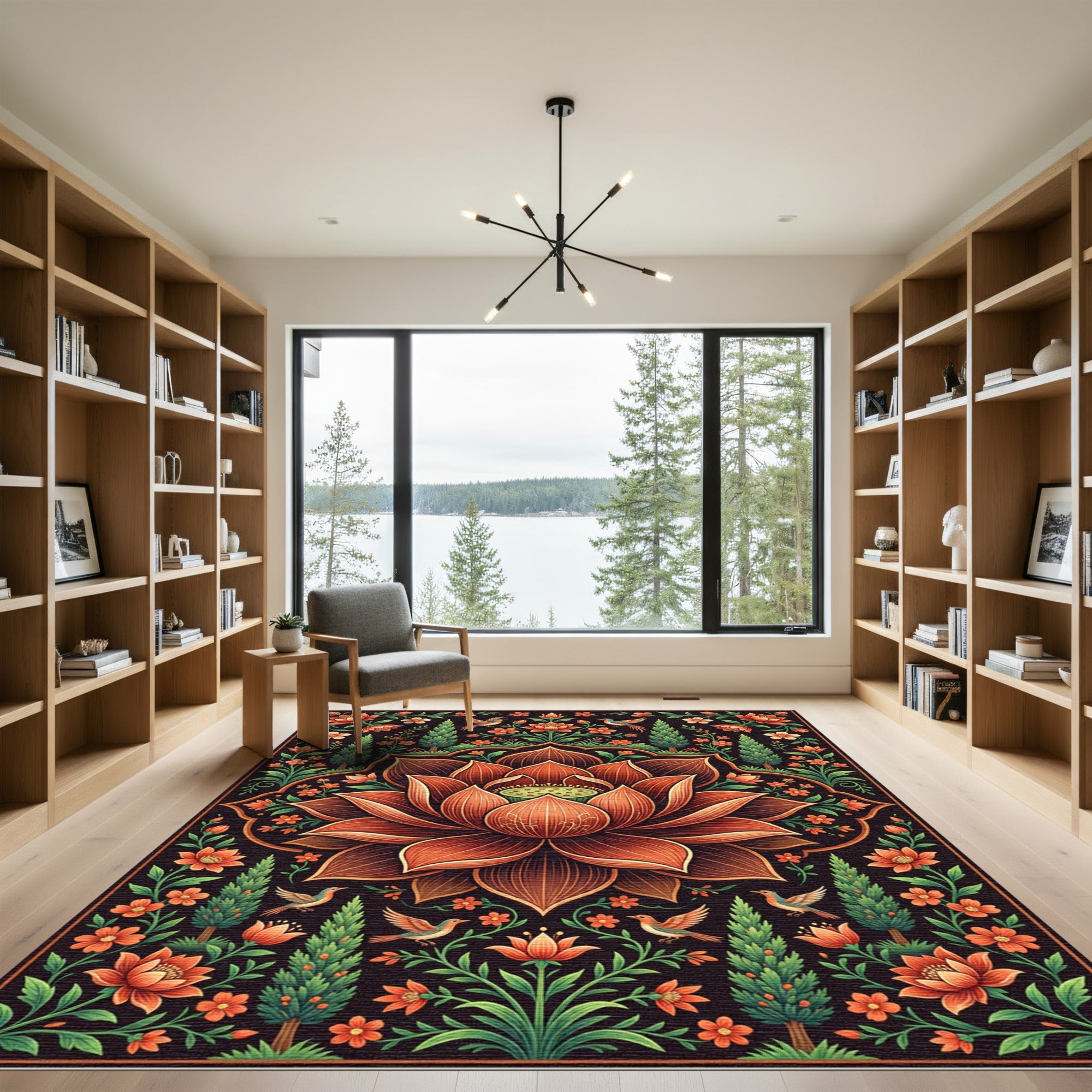 Ornate Coral Lotus Bird Garden Rug