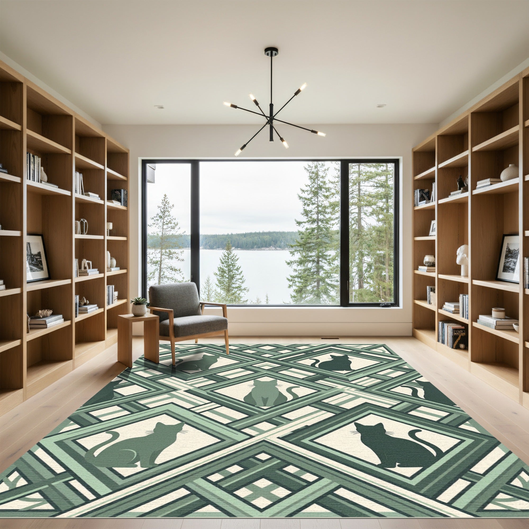 Sage Green Geometric Feline Lattice Rug