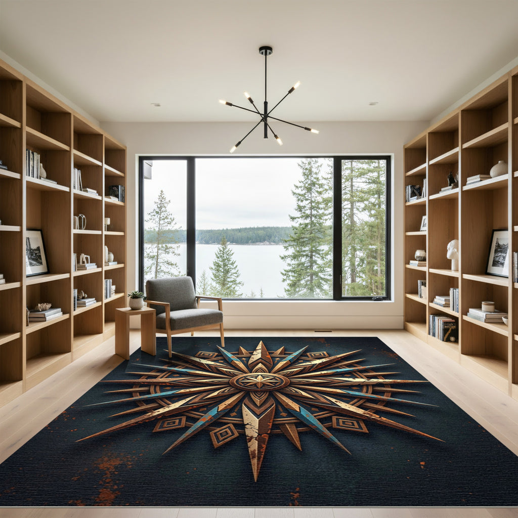 Rustic Bronze Compass Star Medallion Rug