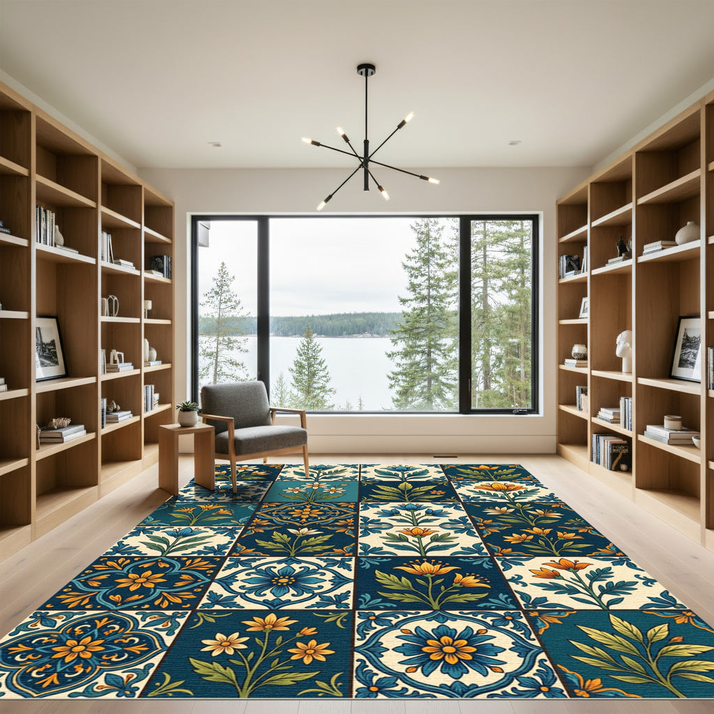 Ornate Cobalt Blue Floral Medallion Tiles Rug
