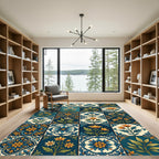 Ornate Cobalt Blue Floral Medallion Tiles Rug